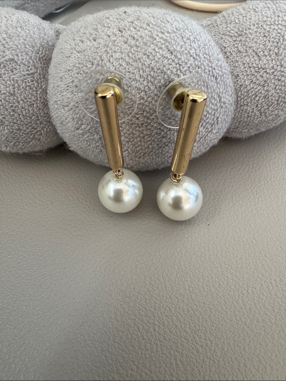 Gold Bar and White Pearl Drop Earrings